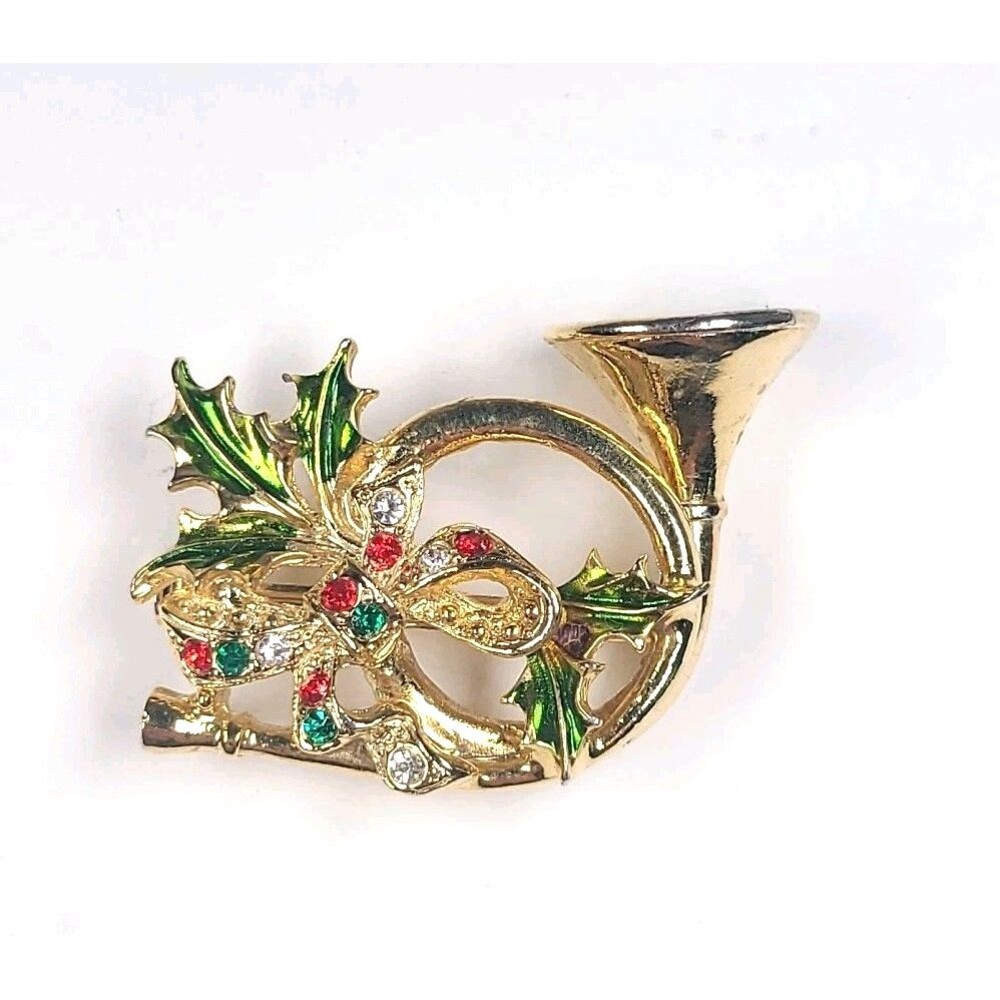 Signed Avante Enamel & Gold Tone Christmas Holiday French Horn Bow Brooch, Pin